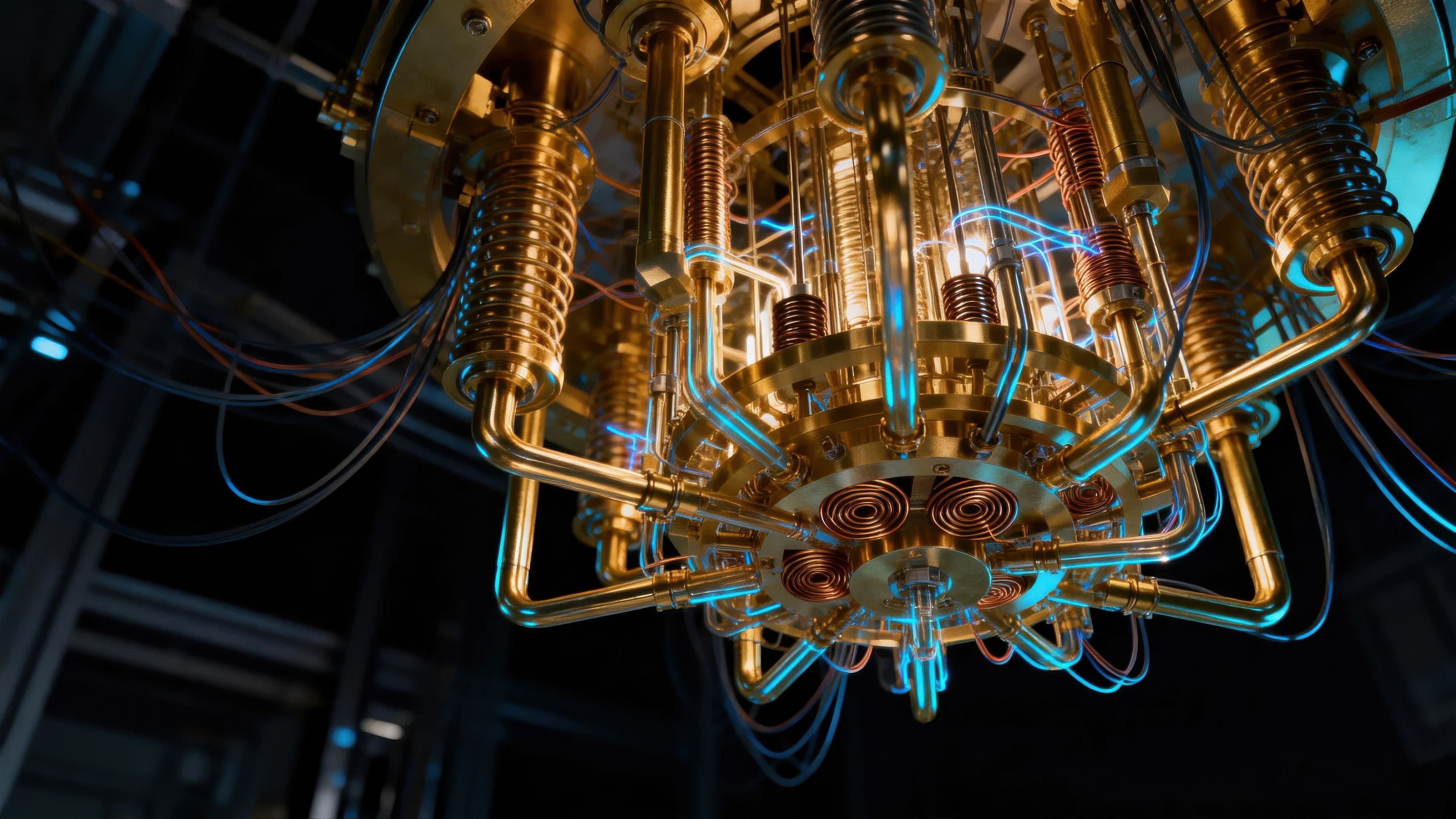 Close-up of a quantum computer's dilution refrigerator, the gold chandelier of nested cooling stages and coaxial wiring that holds qubits near absolute zero