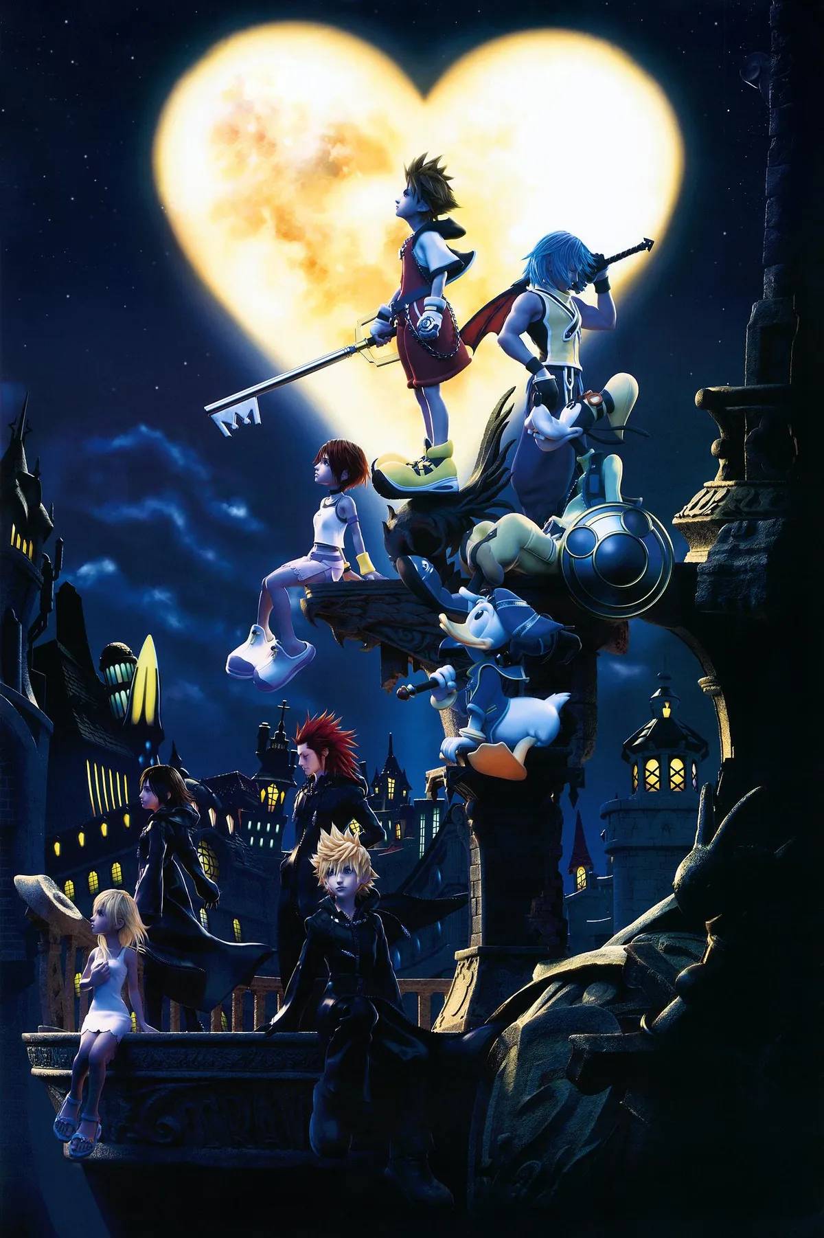 Kingdom Hearts promotional artwork featuring Sora, Riku, Kairi and other major characters beneath a heart-shaped moon