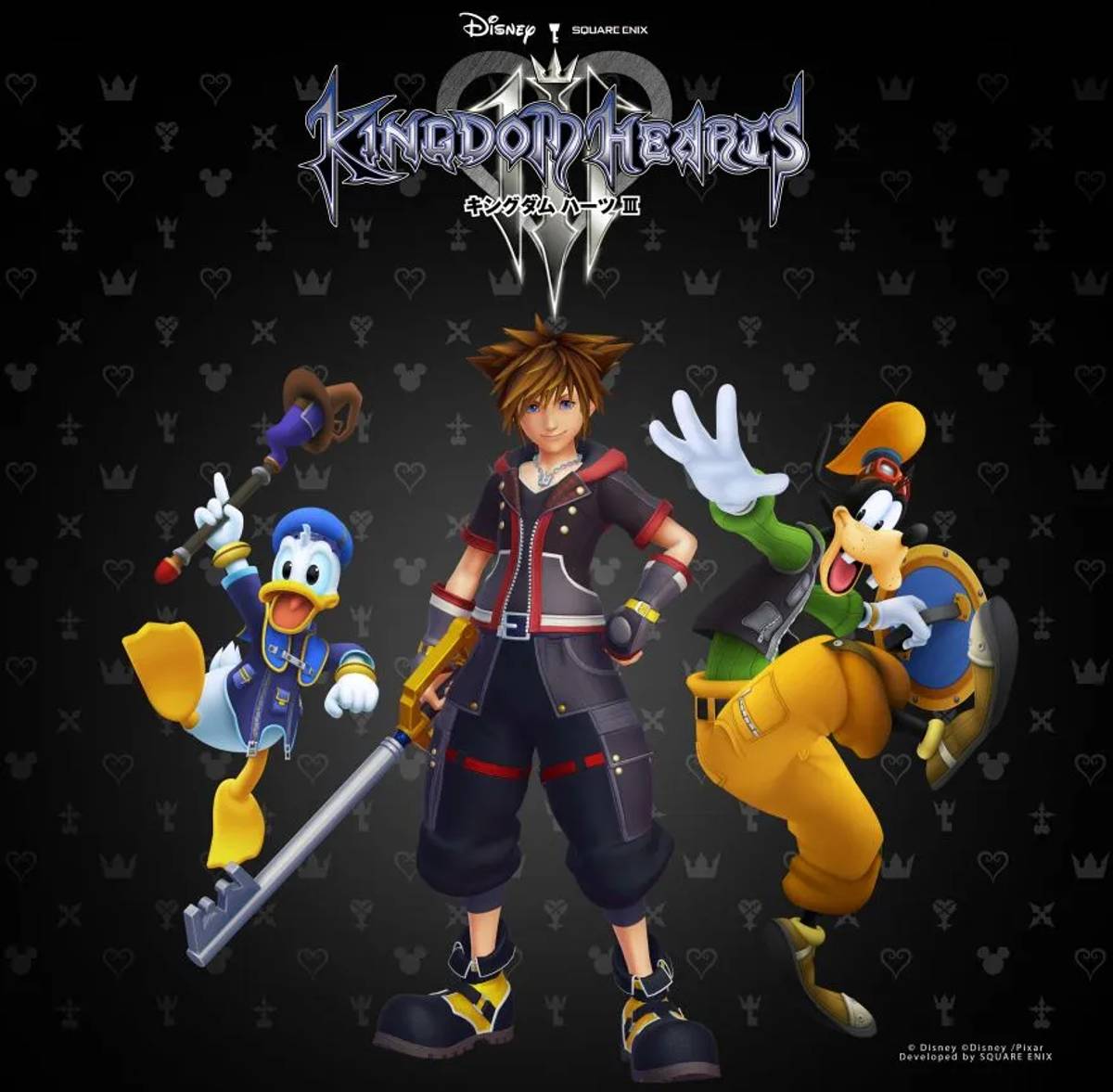 Official Kingdom Hearts III promotional artwork featuring Sora, Donald Duck and Goofy