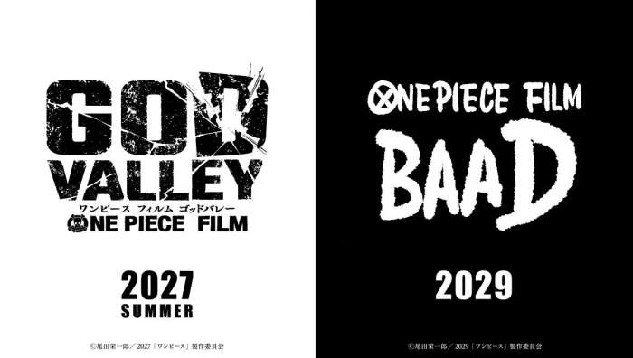 Official announcement visual for One Piece Film God Valley in summer 2027 and One Piece Film BAAD in 2029