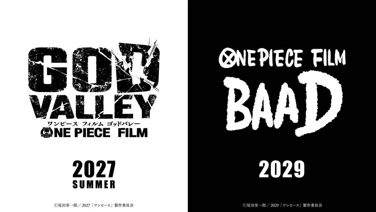 Official announcement visual for One Piece Film God Valley in summer 2027 and One Piece Film BAAD in 2029