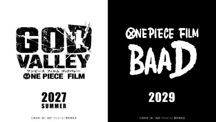 Official announcement visual for One Piece Film God Valley in summer 2027 and One Piece Film BAAD in 2029