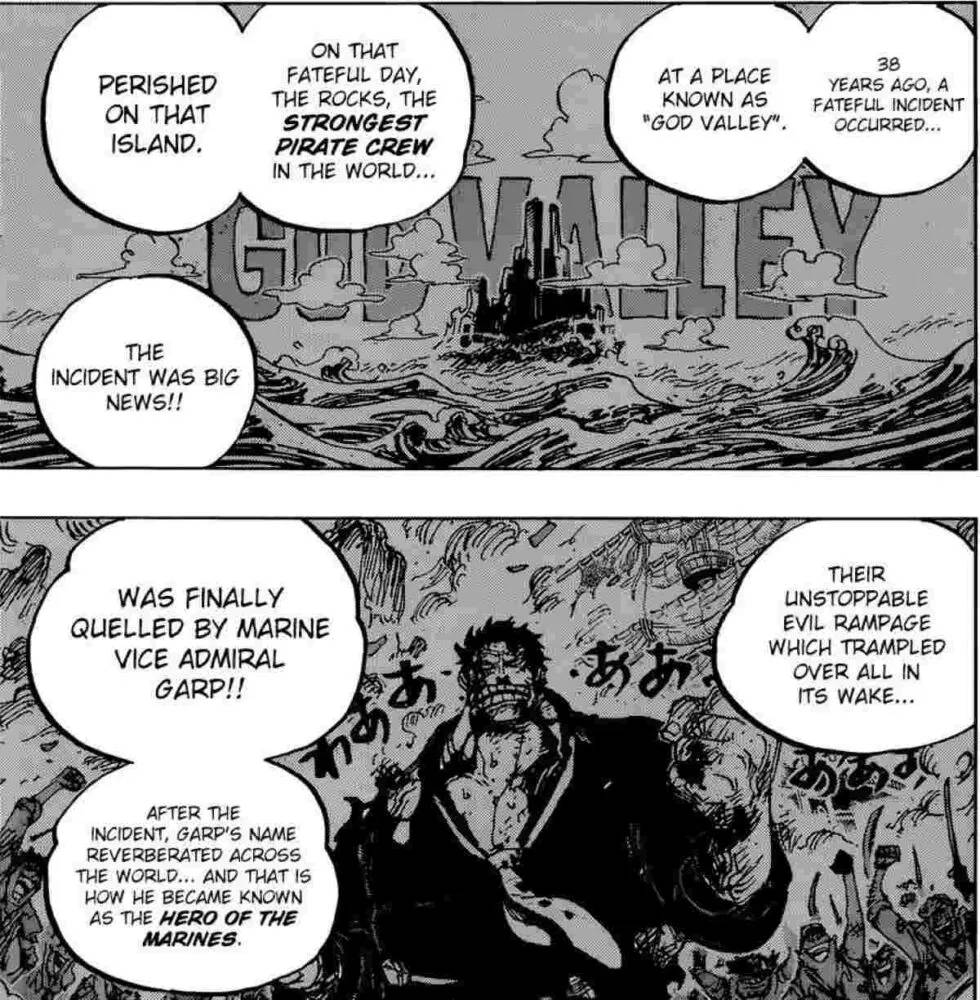 One Piece manga panels explaining the God Valley Incident and Monkey D. Garp's role