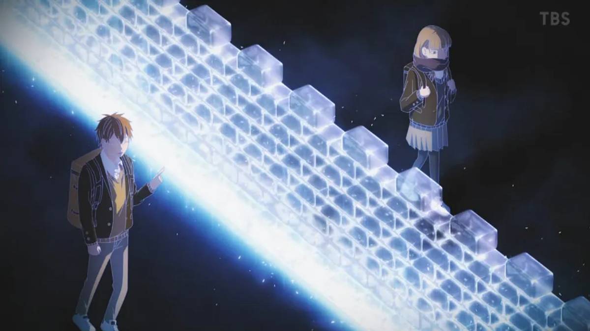 Koyuki and Minato separated by a glowing ice wall in The Ramparts of Ice anime