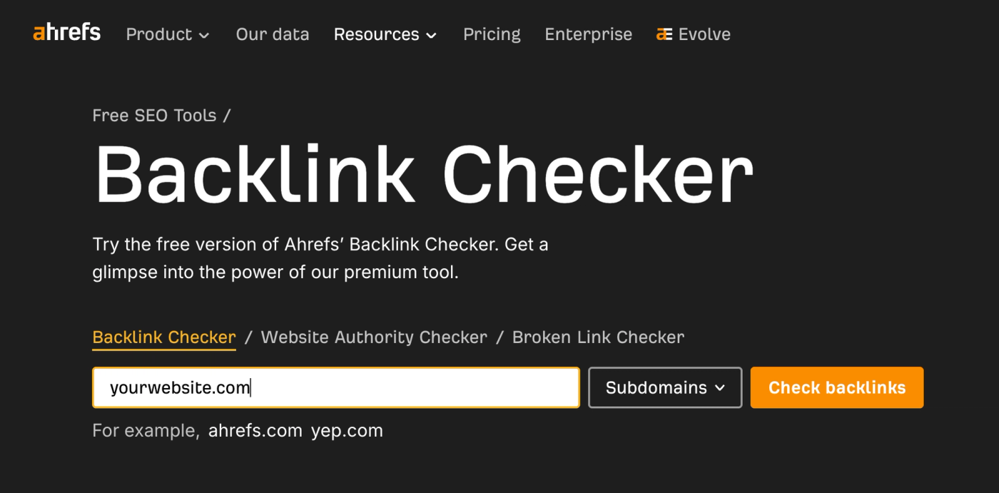 Ahrefs free Backlink Checker tool with a website URL entered