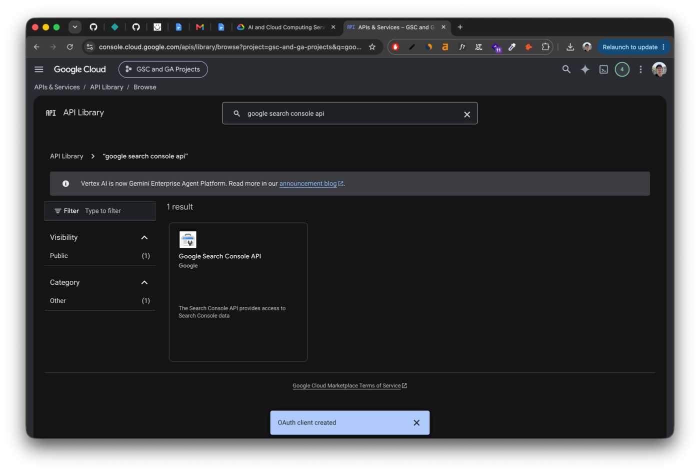 Google Cloud API Library showing the Google Search Console API with an OAuth client created