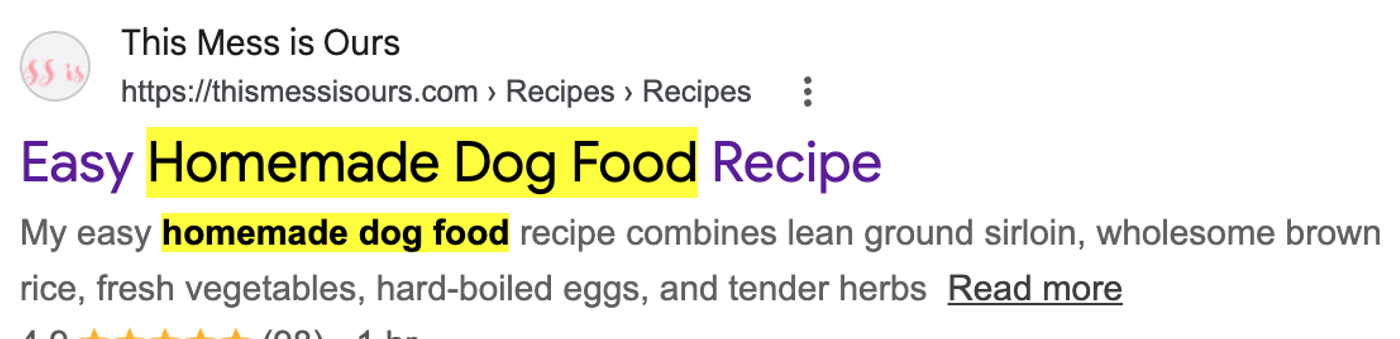 Google search result showing the meta title and description for a homemade dog food recipe