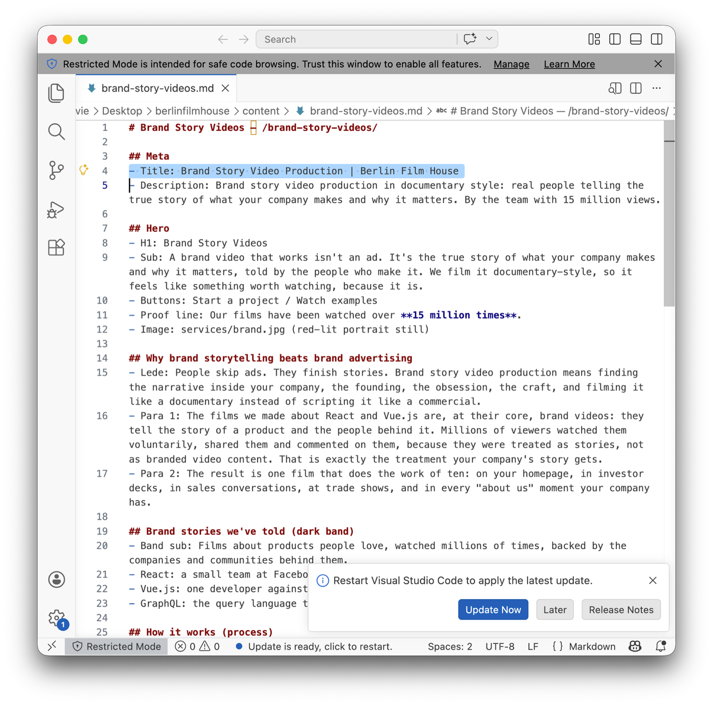 VS Code editing a Markdown page file for a website