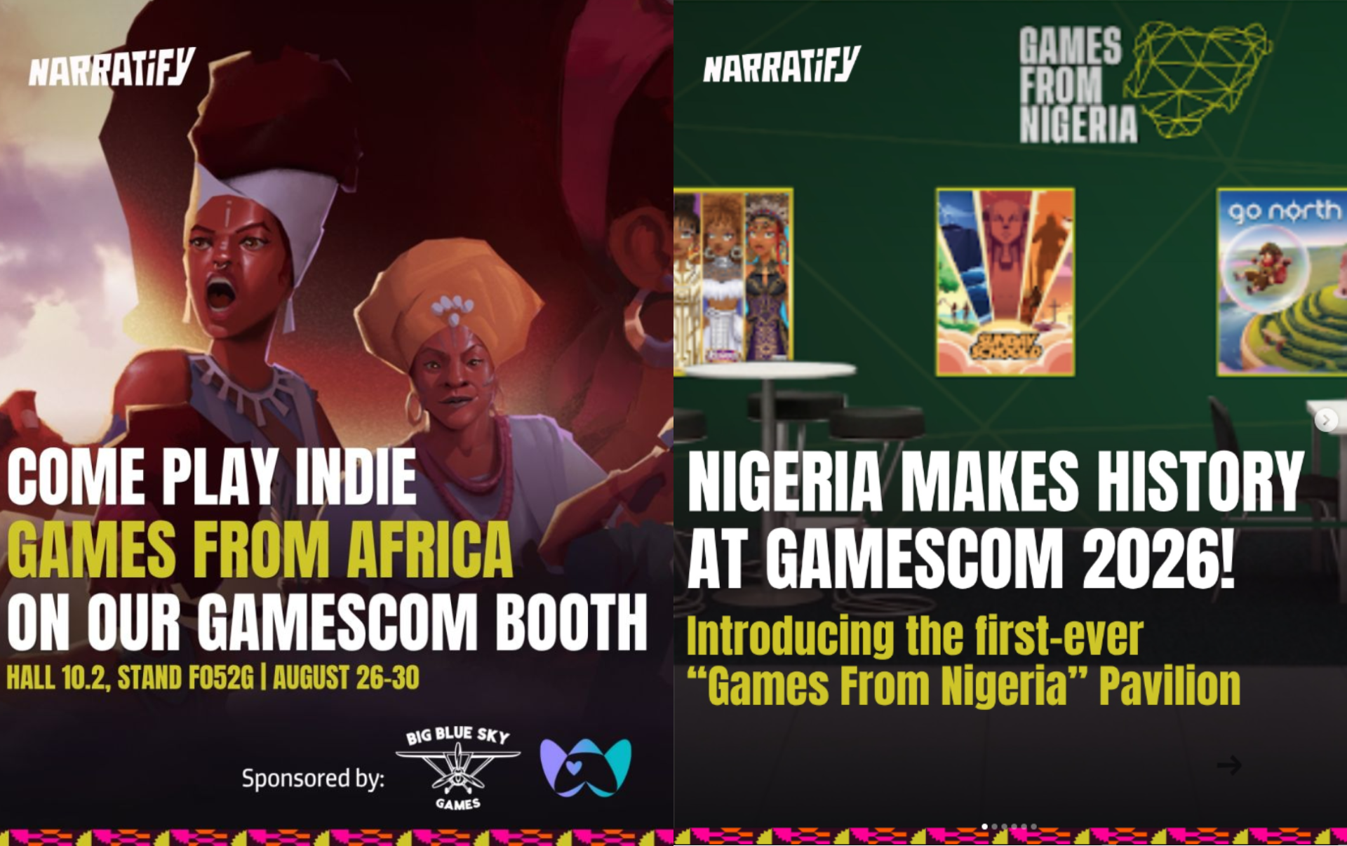 Two illustrations of our mission at gamescom. Games from Africa Booth and Fames from Nigeria professional booth.