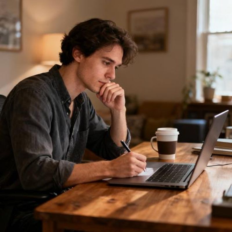 Person writing dating profile bio on laptop