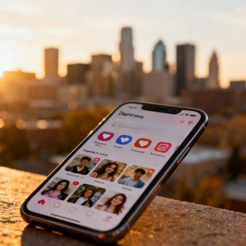 Dating app comparison on smartphone screen with Denver skyline background
