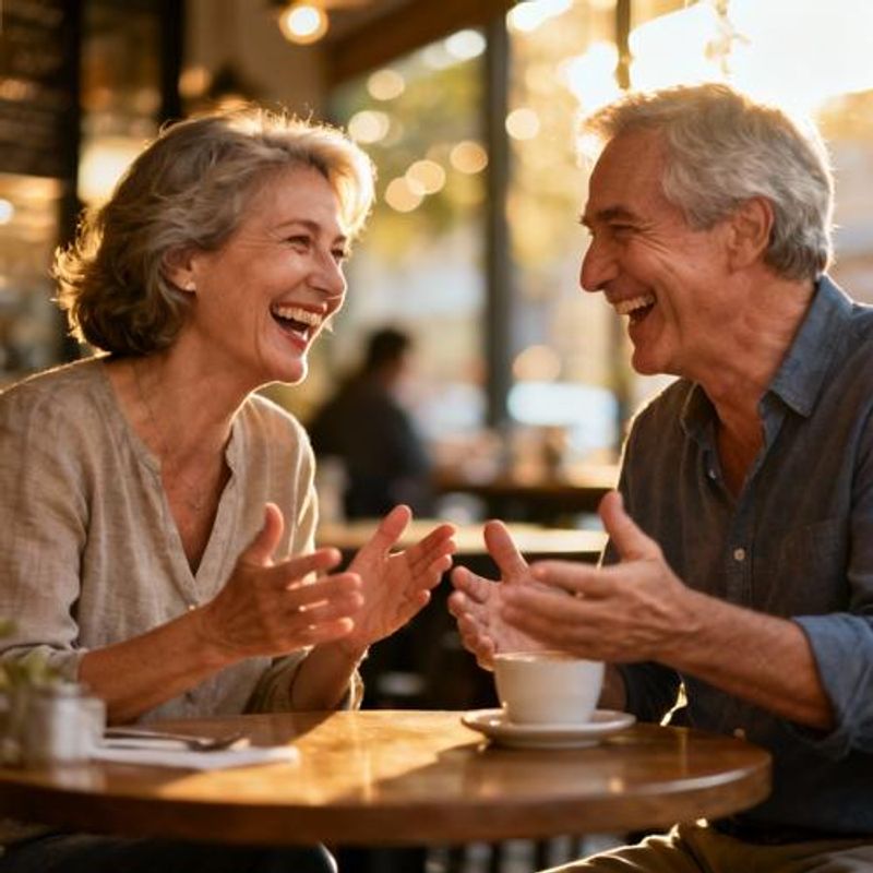 Mature couple having coffee and laughing together on first date