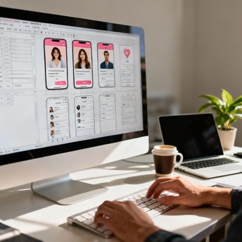 Person designing dating app user interface wireframes on computer screen