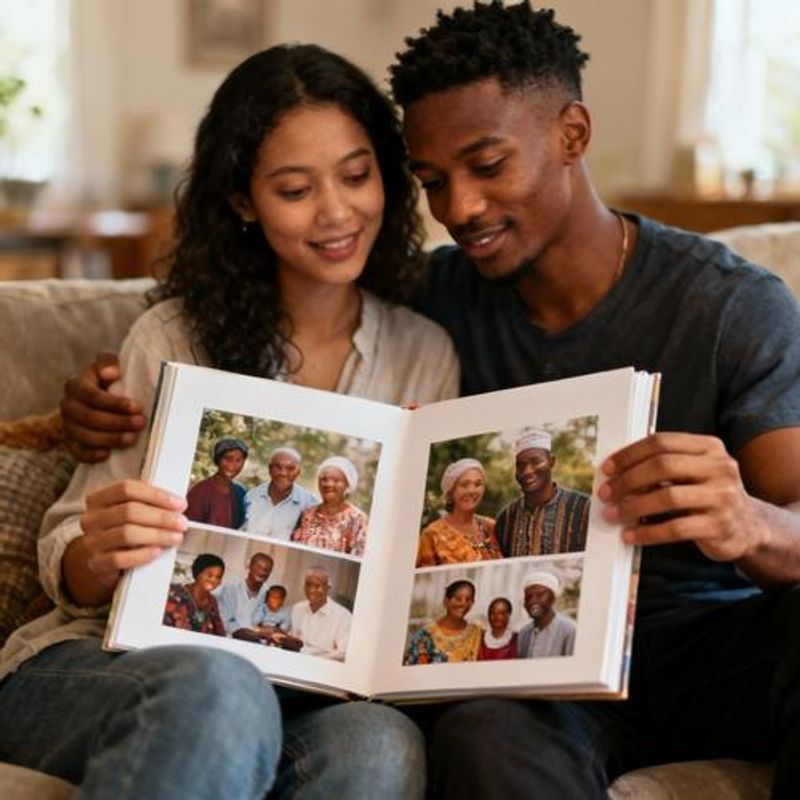 Couple looking at photo album together showing family memories and traditions