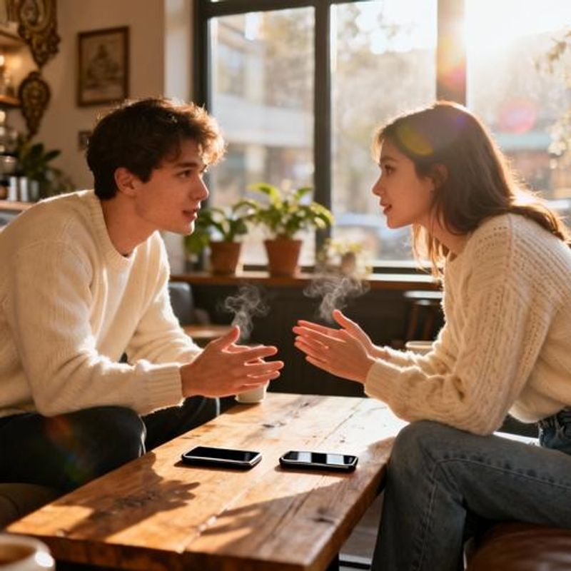 Two people having meaningful conversation over coffee, phones put away