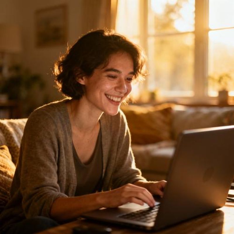 Person smiling while on video call with laptop open