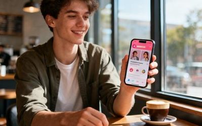 Young person browsing dating apps on smartphone in a cozy coffee shop setting