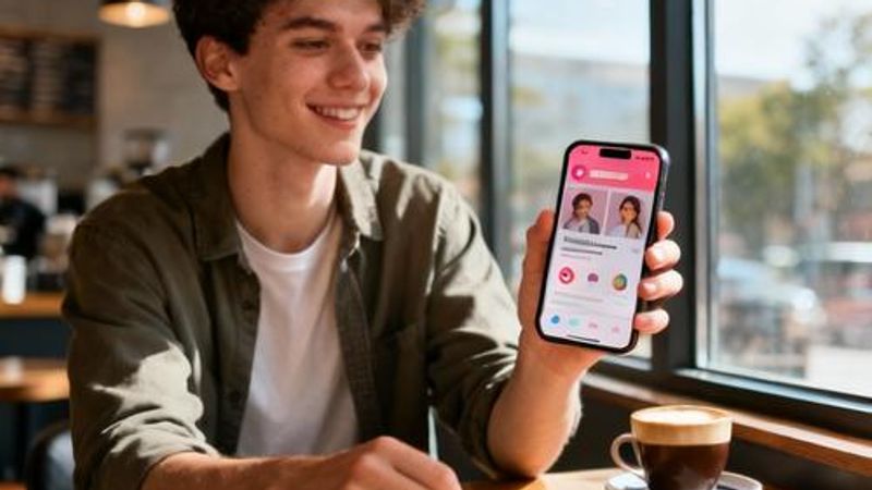 Young person browsing dating apps on smartphone in a cozy coffee shop setting