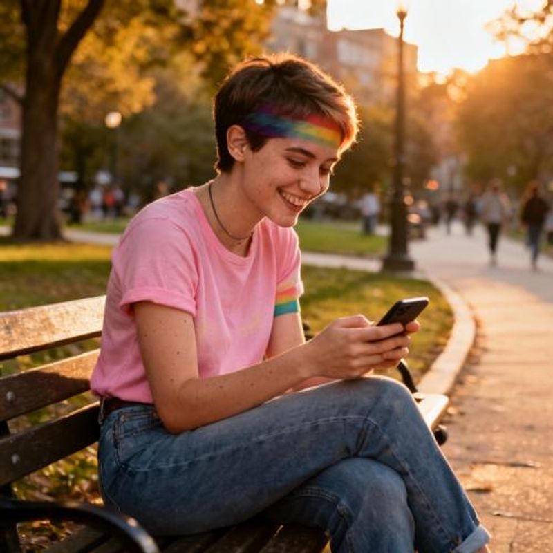 Young woman smiling while using her phone outdoors in a park setting