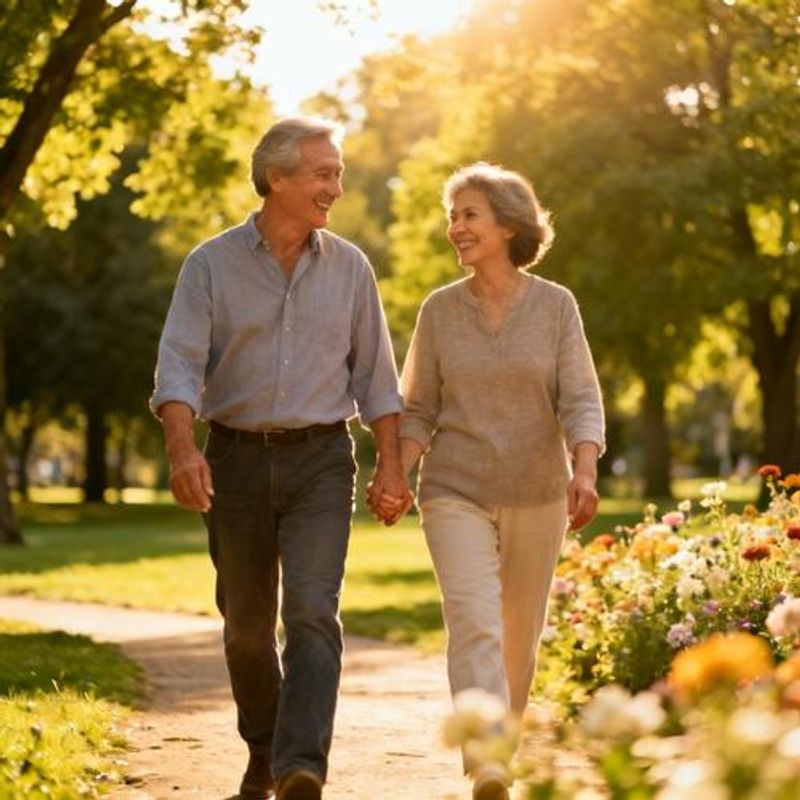 Mature couple walking together in park holding hands