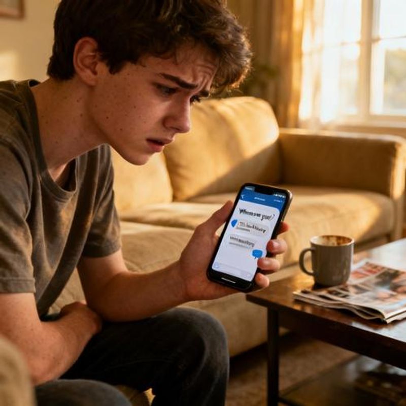 Person looking frustrated while staring at phone screen with messaging app open