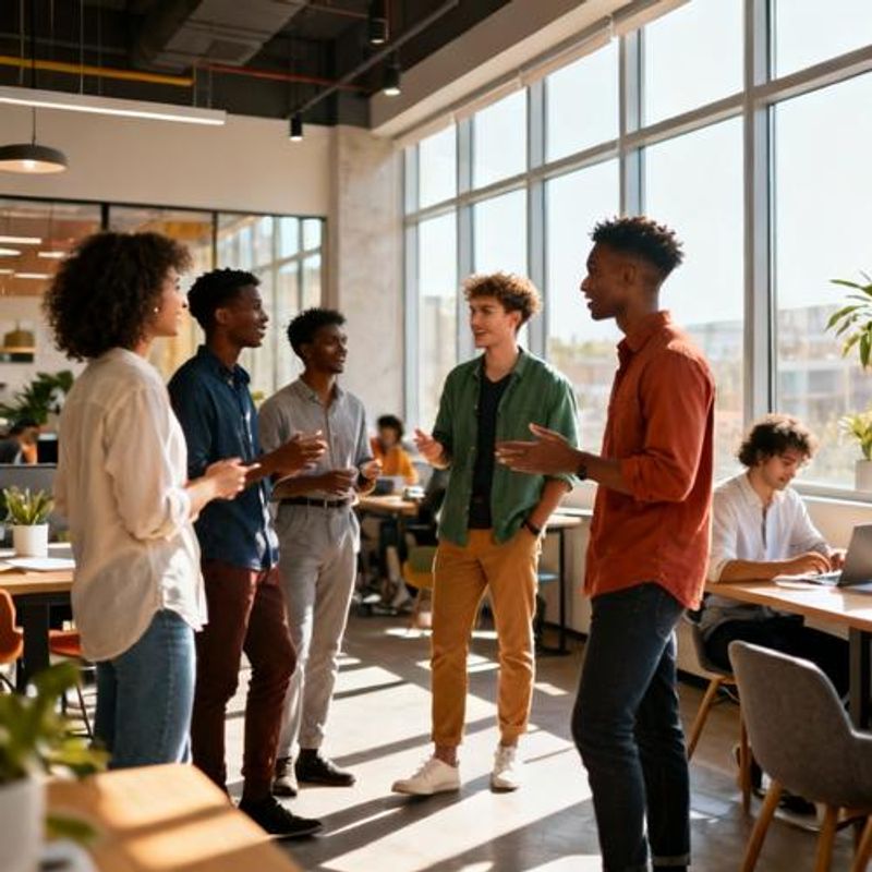 Diverse group of professionals networking at modern coworking space