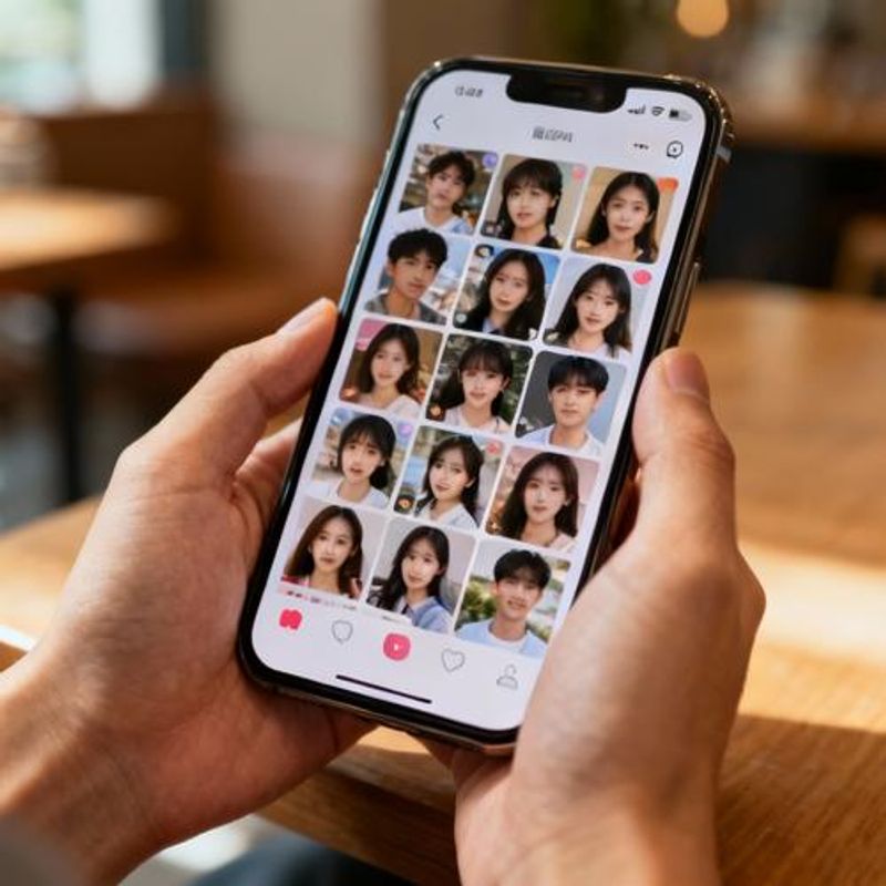 Person browsing dating profiles on smartphone with diverse faces displayed