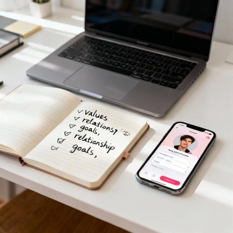 Person creating thoughtful dating profile with notes and laptop