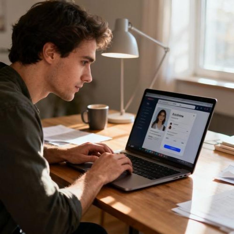 Person thoughtfully crafting dating profile on laptop