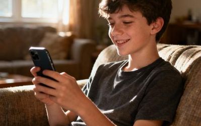 A person sitting peacefully with their phone, browsing dating apps in a cozy home environment