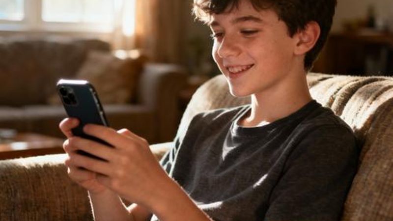 A person sitting peacefully with their phone, browsing dating apps in a cozy home environment