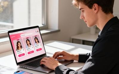 Person designing dating app interface on smartphone and laptop