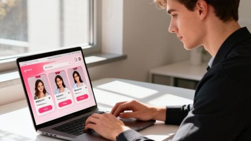 Person designing dating app interface on smartphone and laptop