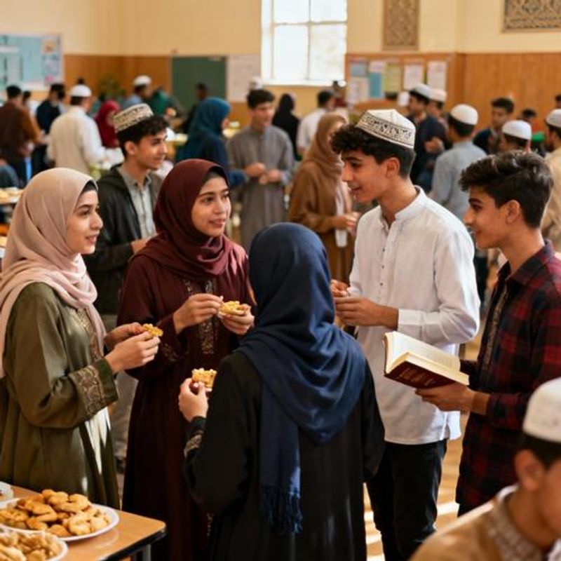 Diverse group of young Muslims socializing at community event