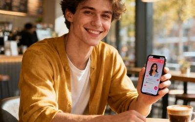 Person using Feeld dating app on smartphone with confident smile