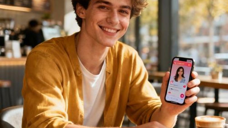 Person using Feeld dating app on smartphone with confident smile