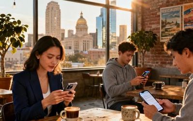Austin skyline with couples using dating apps in downtown coffee shops