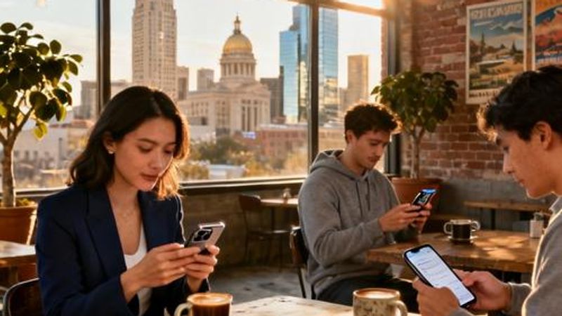 Austin skyline with couples using dating apps in downtown coffee shops