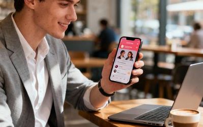 Young professional using dating app on smartphone in modern coffee shop