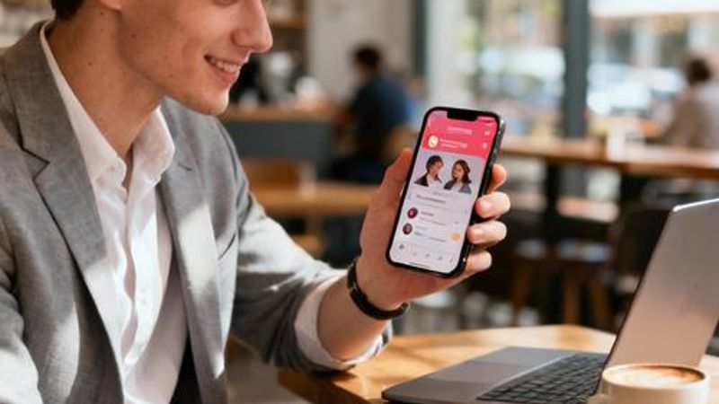 Young professional using dating app on smartphone in modern coffee shop