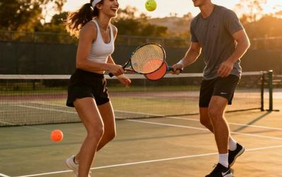 Young couple playing pickleball together on outdoor court, smiling and enjoying the game