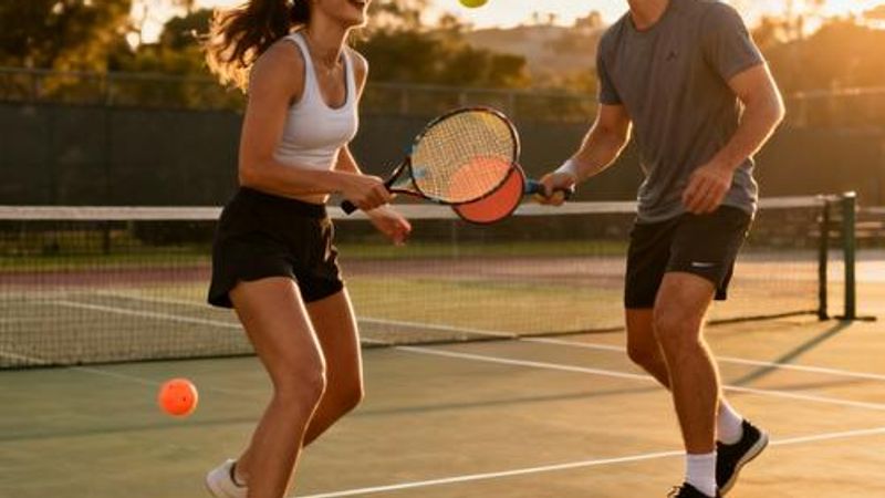 Young couple playing pickleball together on outdoor court, smiling and enjoying the game