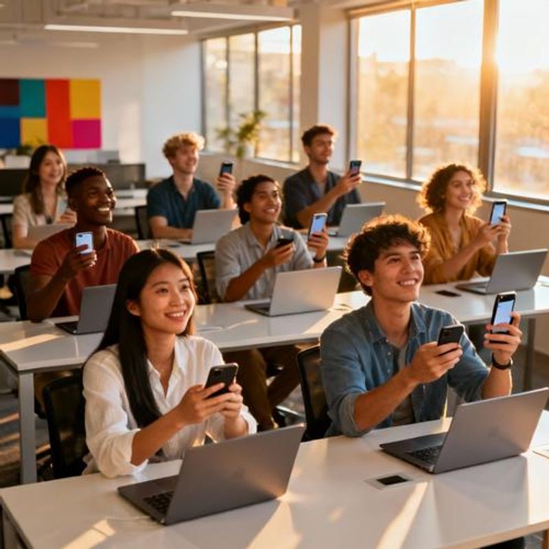 Diverse group of singles looking at their phones with hopeful expressions