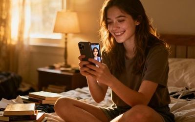 Young woman smiling while video chatting on smartphone in cozy bedroom setting