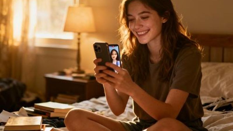 Young woman smiling while video chatting on smartphone in cozy bedroom setting