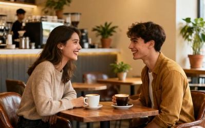 Young couple having meaningful conversation on first date at coffee shop