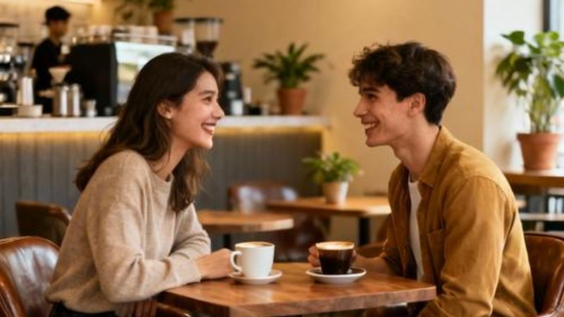 Young couple having meaningful conversation on first date at coffee shop