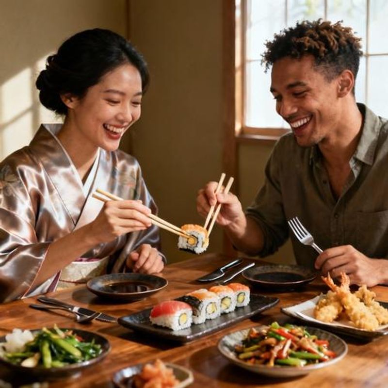 Two people from different cultures sharing a meal and learning about each other's traditions