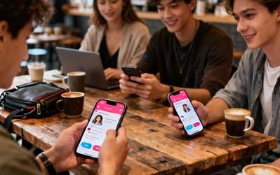Young adults using dating apps on smartphones in a modern coffee shop setting