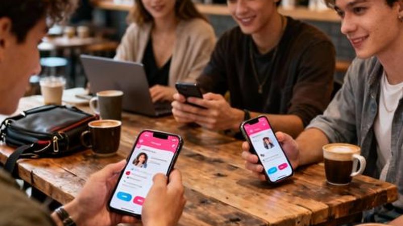 Young adults using dating apps on smartphones in a modern coffee shop setting